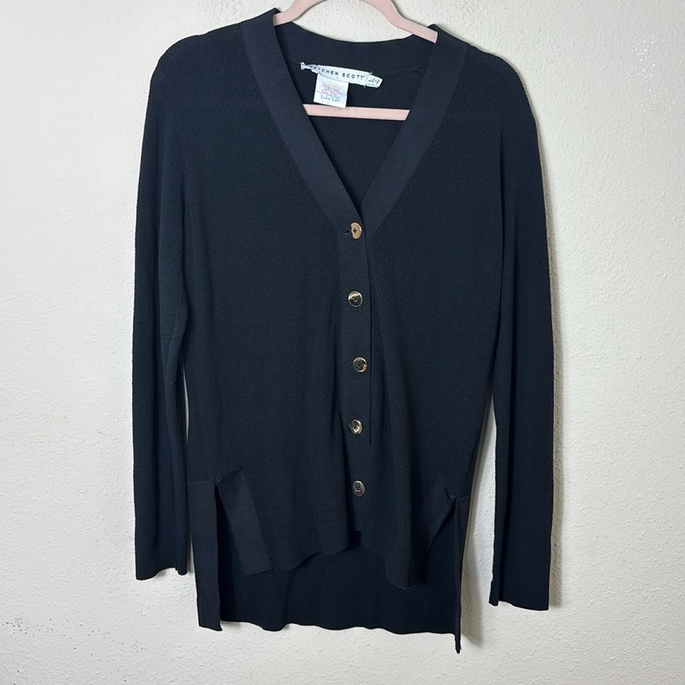 Gretchen Scott Black Cardigan with Gold Statement Buttons 100% Cotton size large